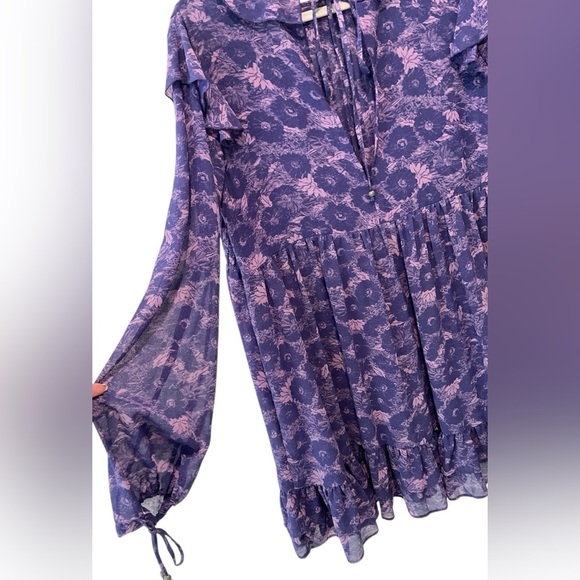Free People These Dreams Mini Baby Doll Dress Small Tunic Purple Bohemian Ruffle - Picture 6 of 11
